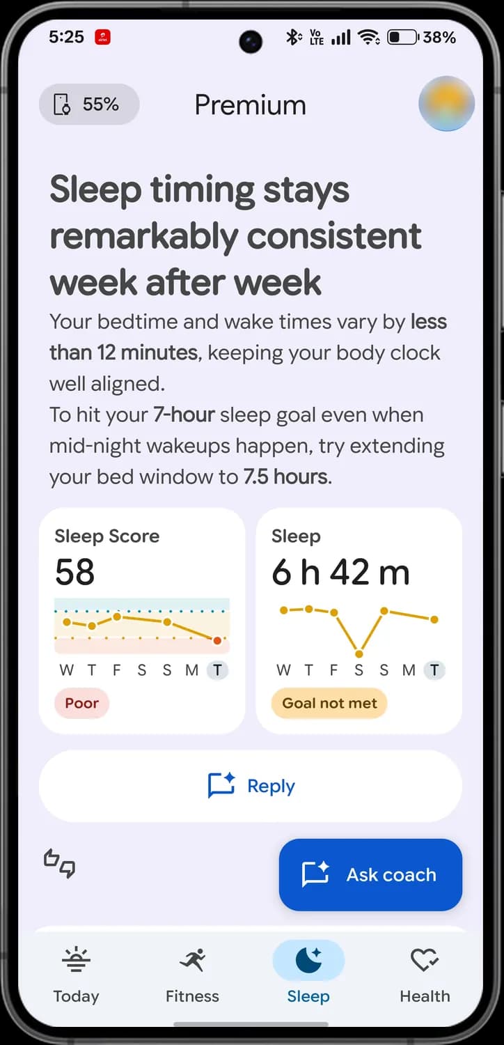 Google Health app sleep tab screen with each icon numbered, screen 1 of 4
