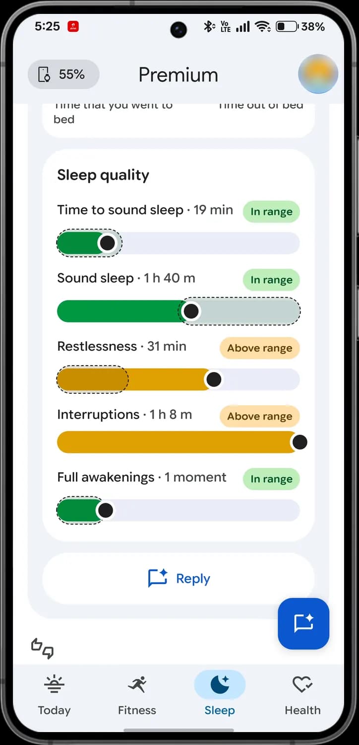 Google Health app sleep tab screen with each icon numbered, screen 3 of 4