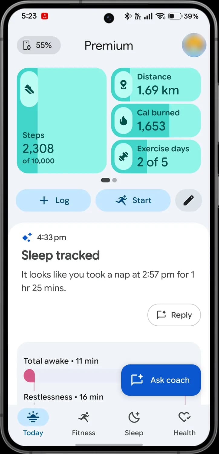 Google Health app today page screen with each icon numbered, screen 2 of 4