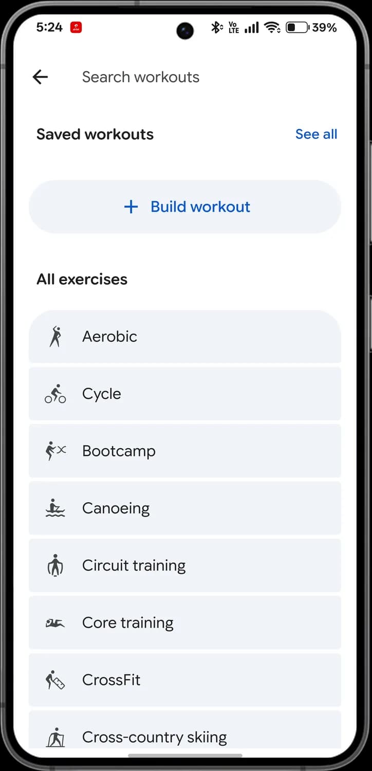 Google Health app workout types screen with each icon numbered, screen 1 of 7