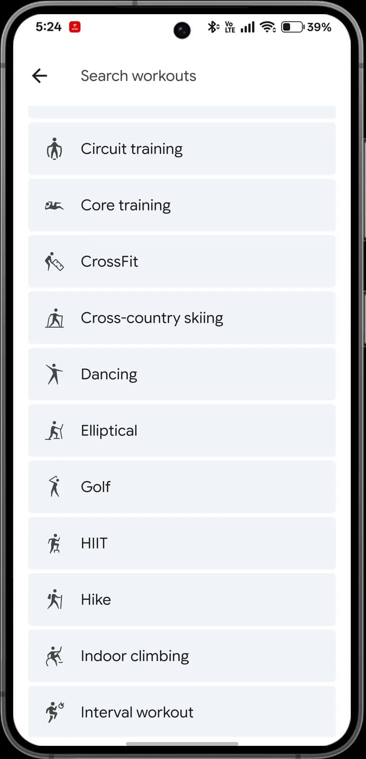 Google Health app workout types screen with each icon numbered, screen 3 of 7