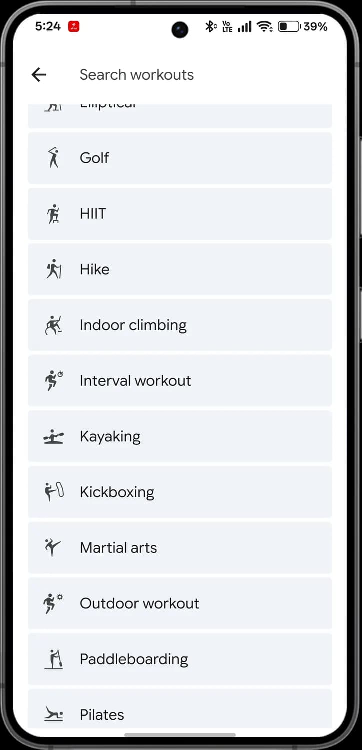 Google Health app workout types screen with each icon numbered, screen 4 of 7