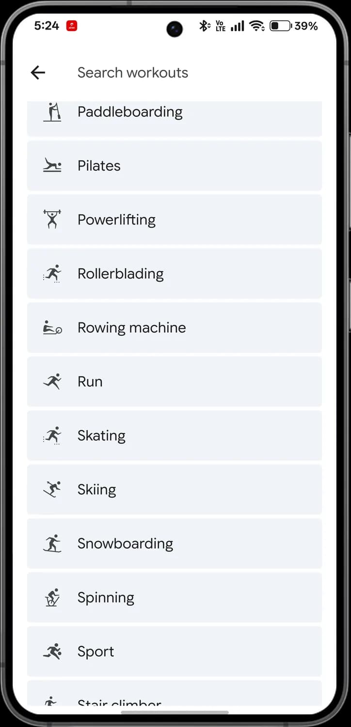 Google Health app workout types screen with each icon numbered, screen 5 of 7