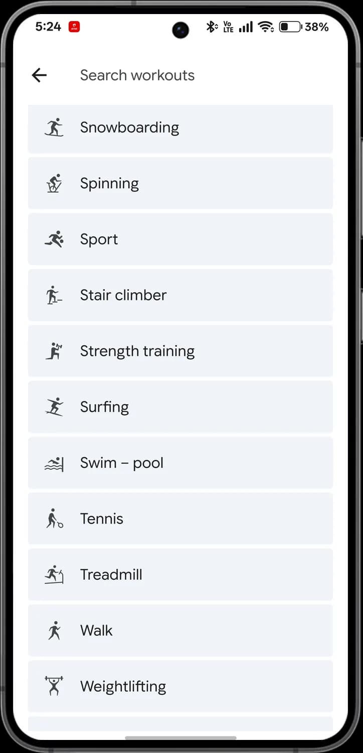 Google Health app workout types screen with each icon numbered, screen 6 of 7