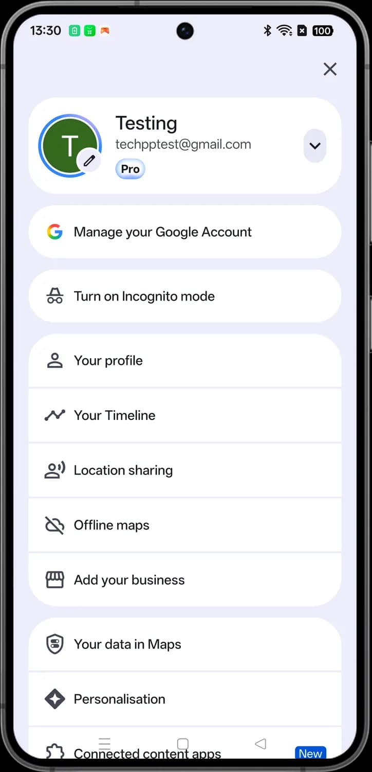 Google Maps account menu screen with each icon numbered, screen 1 of 2
