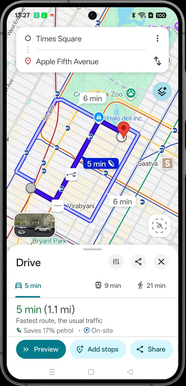 Google Maps directions screen with each icon numbered, screen 1 of 3