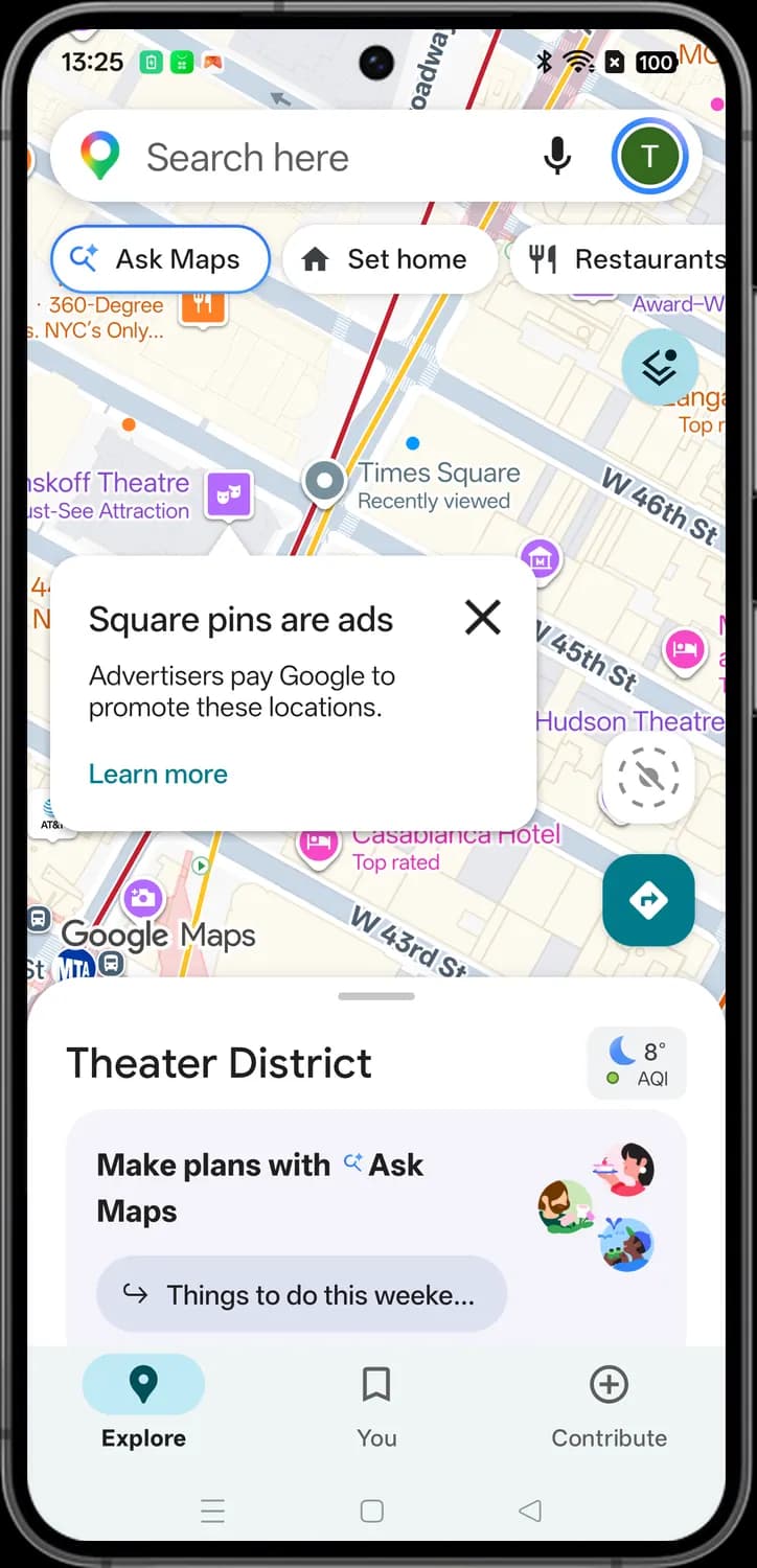 Google Maps explore tab and search screen with each icon numbered, screen 1 of 3