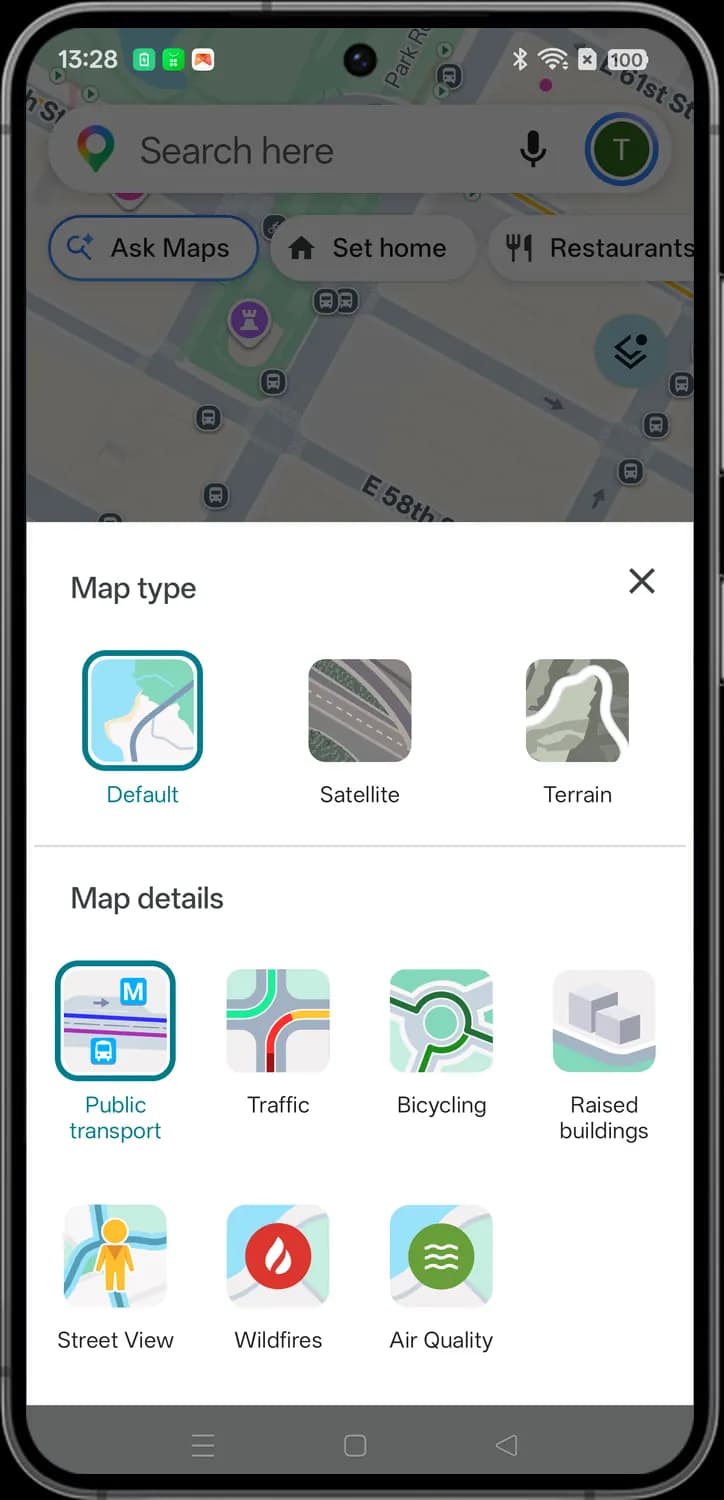 Google Maps layers screen with each icon numbered, screen 1 of 2