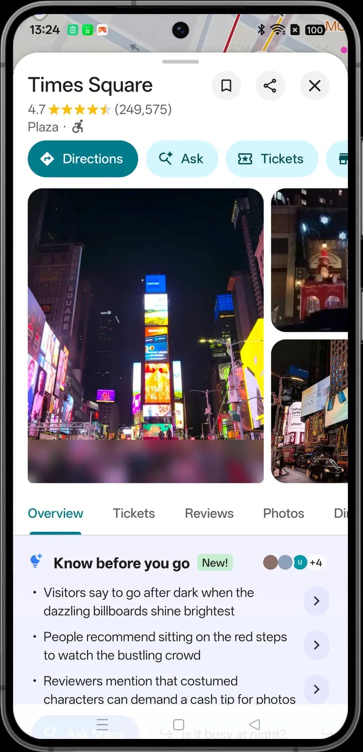 Google Maps a place screen with each icon numbered, screen 3 of 3