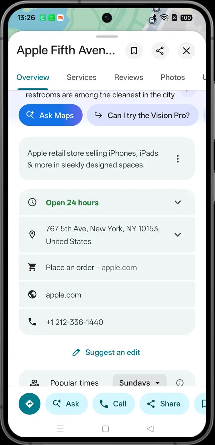 Google Maps place details screen with each icon numbered