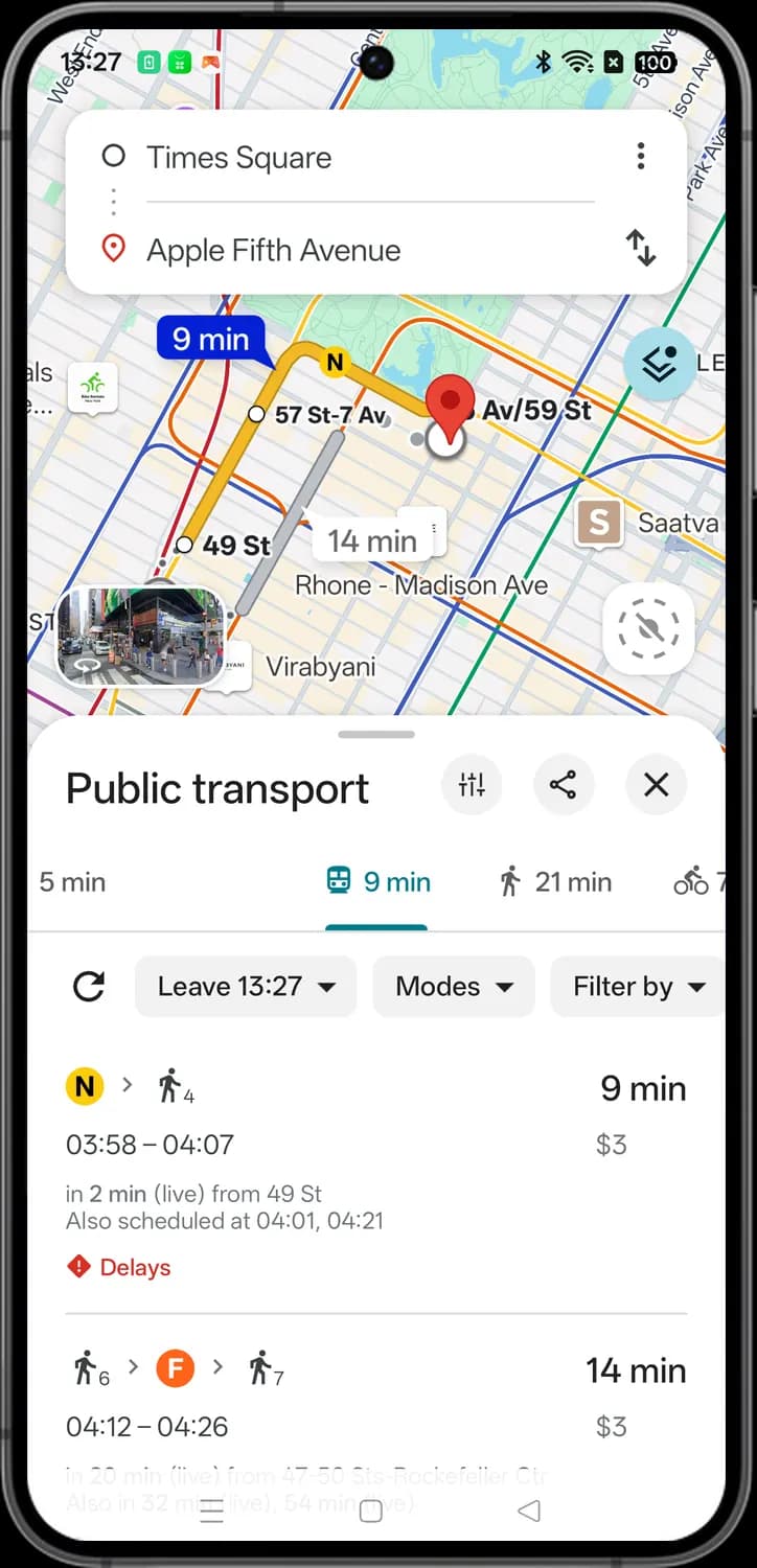 Google Maps transit screen with each icon numbered, screen 2 of 2