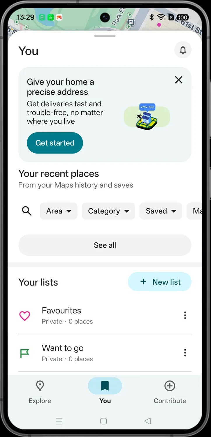 Google Maps you tab (saved places) screen with each icon numbered, screen 1 of 3