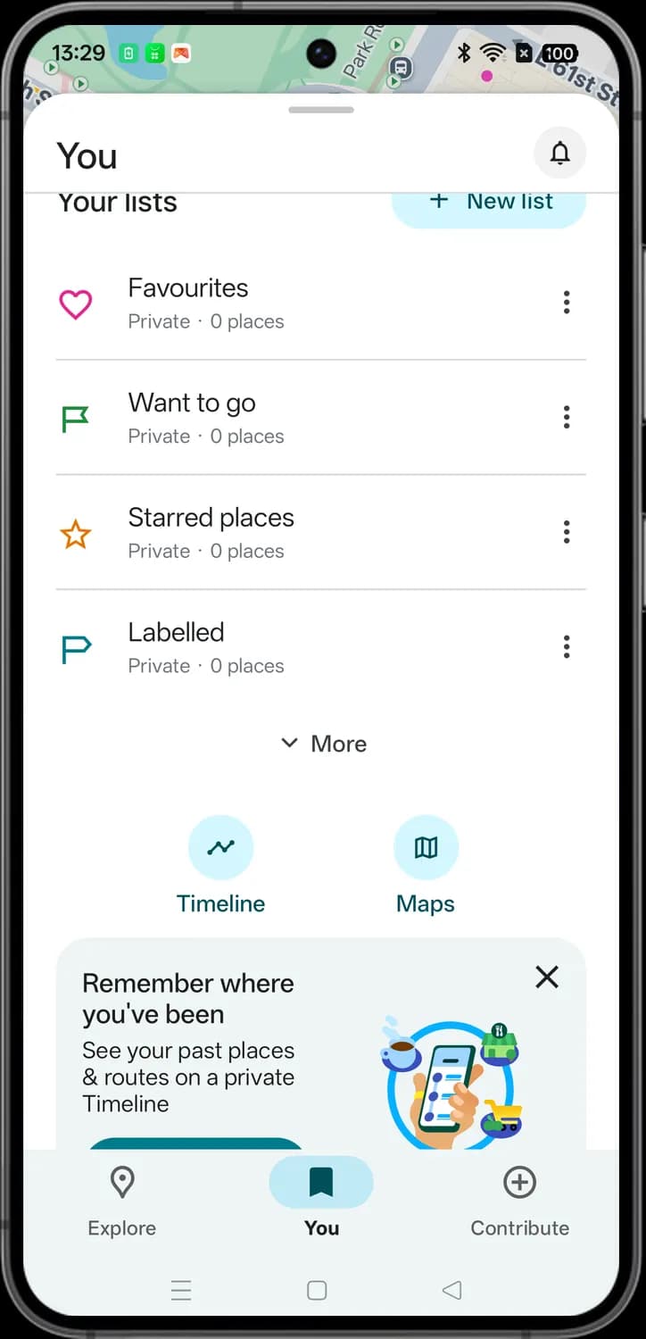 Google Maps you tab (saved places) screen with each icon numbered, screen 2 of 3