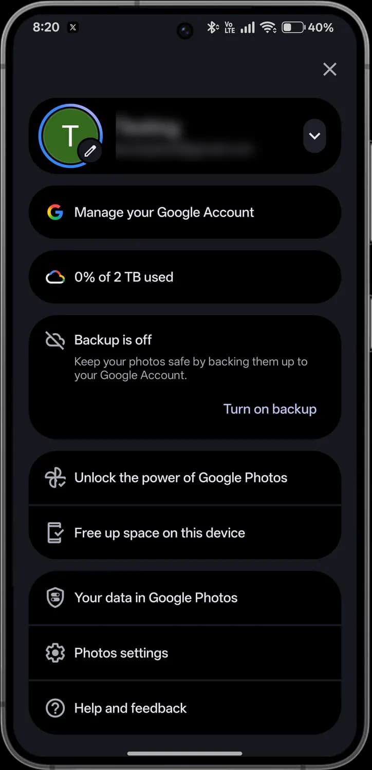 Google Photos account menu with each icon numbered