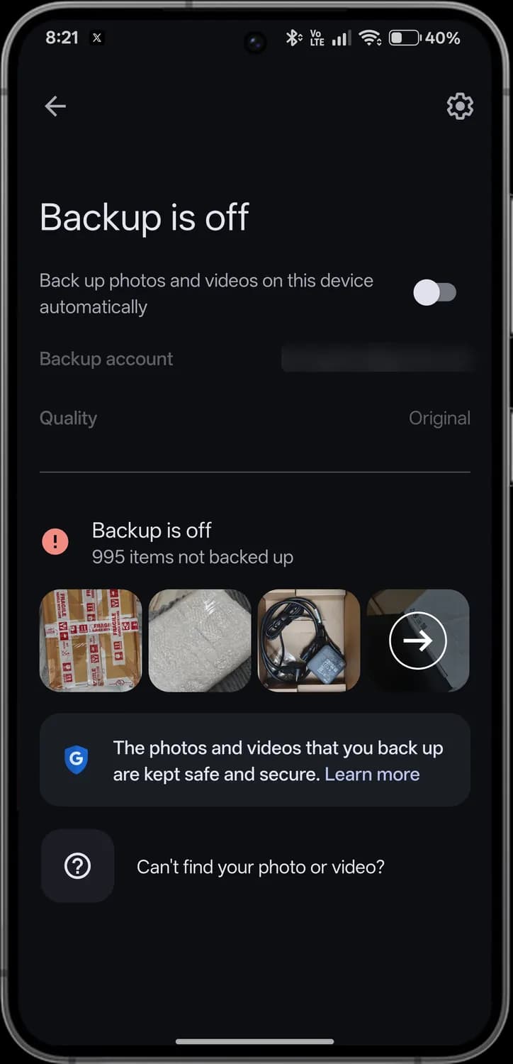 Google Photos backup with each icon numbered, screen 1 of 2