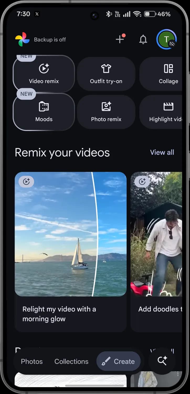 Google Photos create tab with each icon numbered, screen 1 of 2