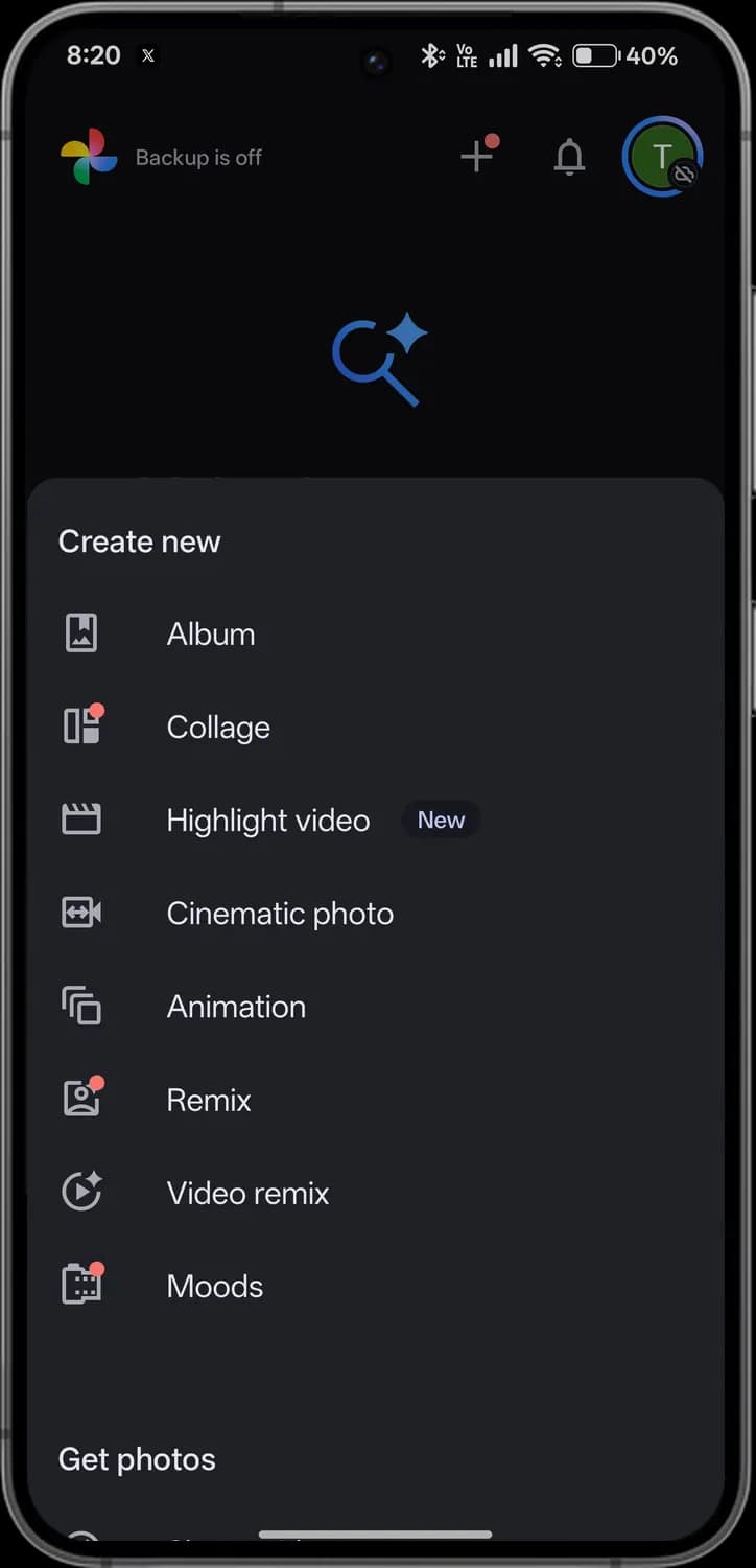 Google Photos create new menu with each icon numbered, screen 1 of 2