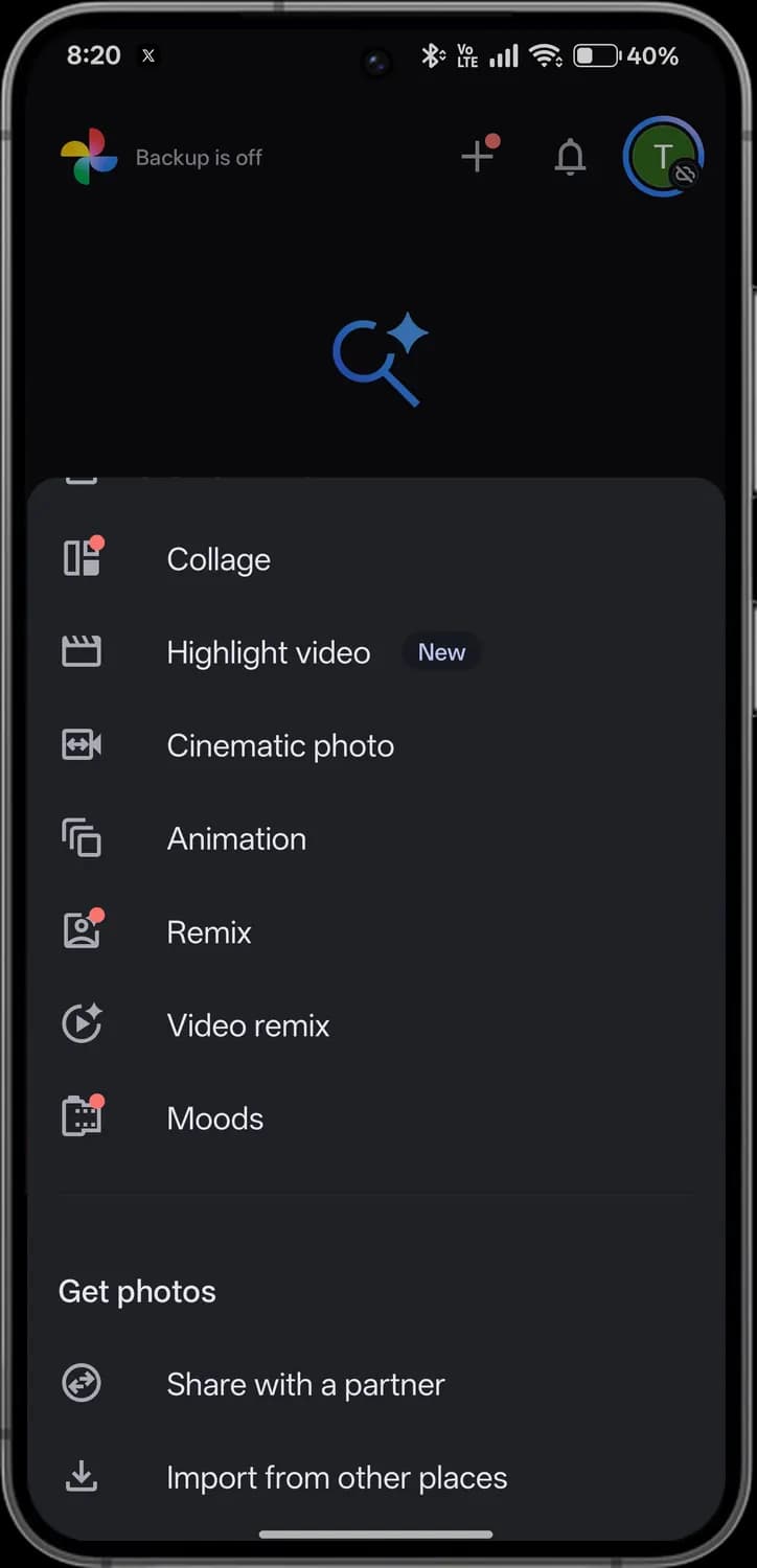 Google Photos create new menu with each icon numbered, screen 2 of 2
