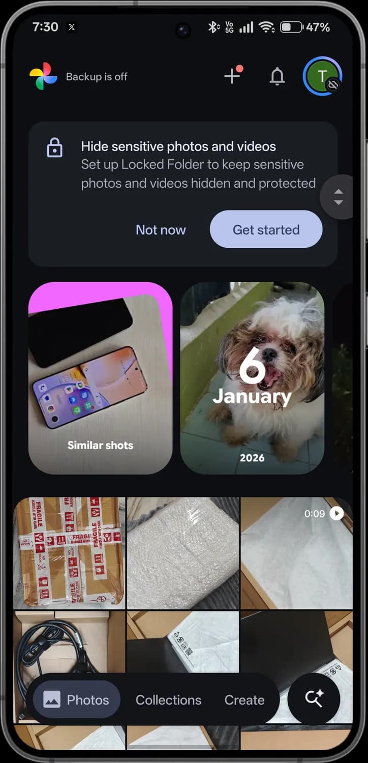 Google Photos home screen with each icon numbered