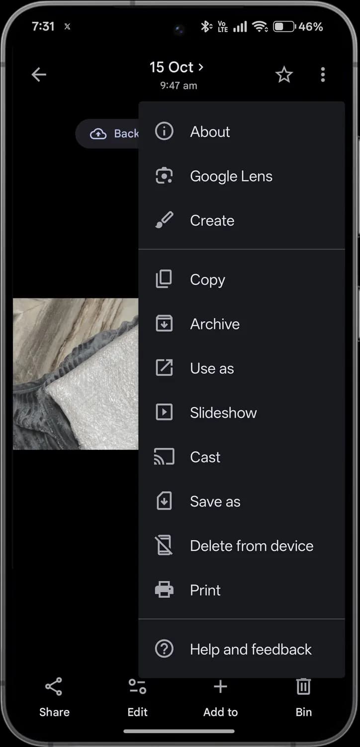 Google Photos more options menu with each icon numbered