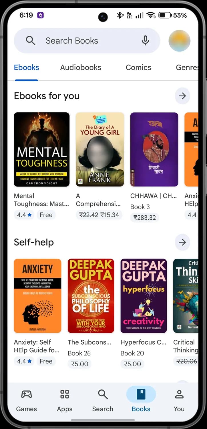 Google Play Store books tab screen with each icon numbered, screen 1 of 2