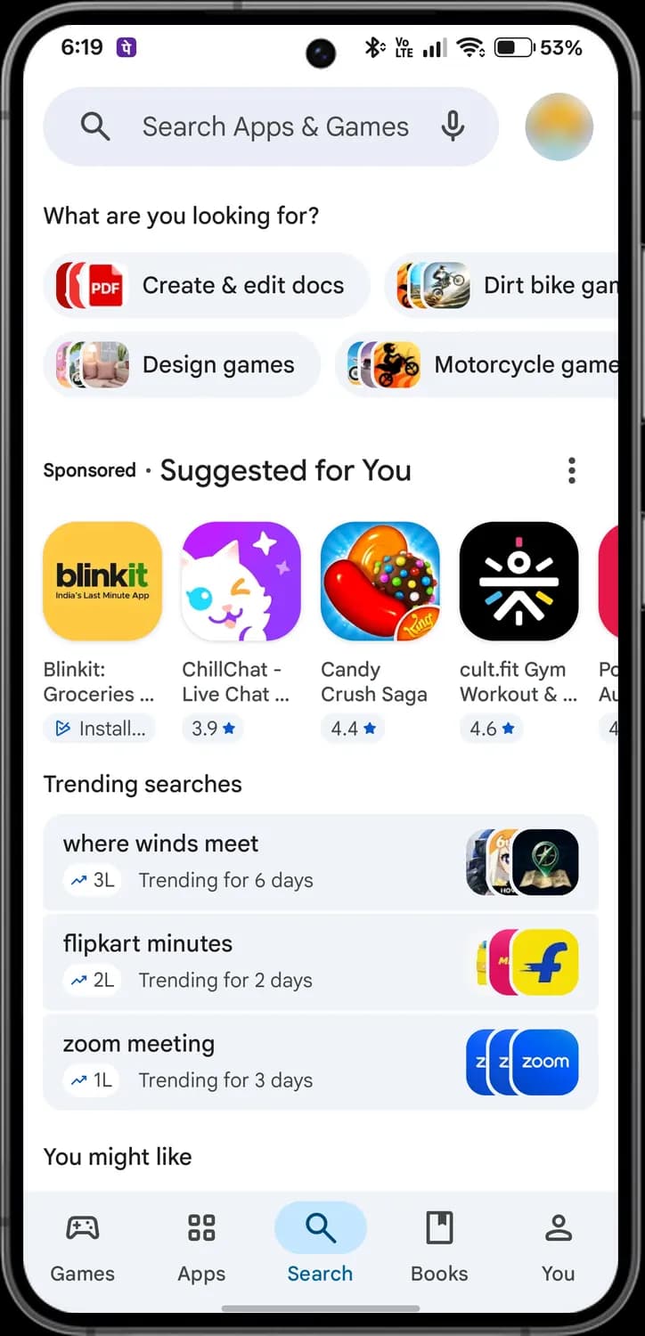Google Play Store search tab screen with each icon numbered, screen 1 of 2