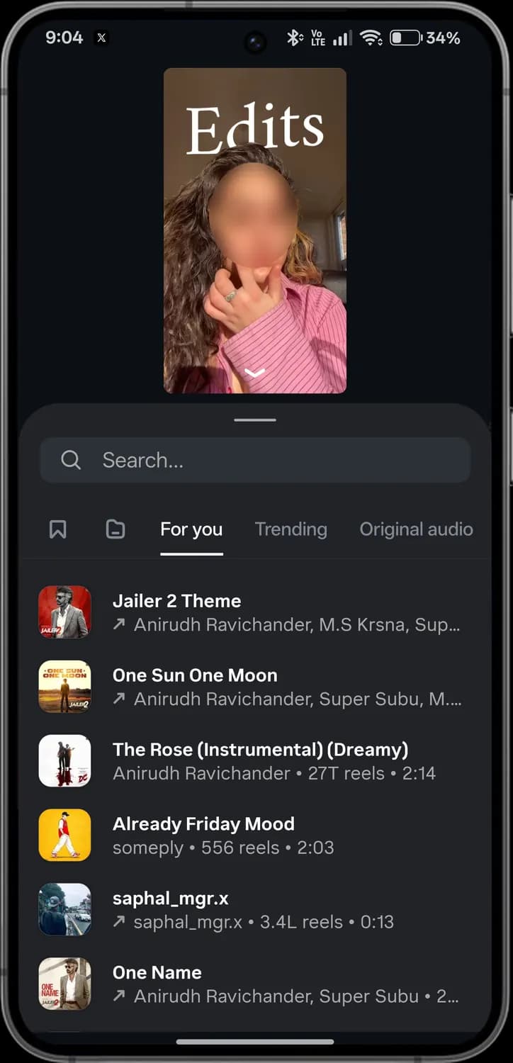 Instagram Edits audio library screen with each icon numbered