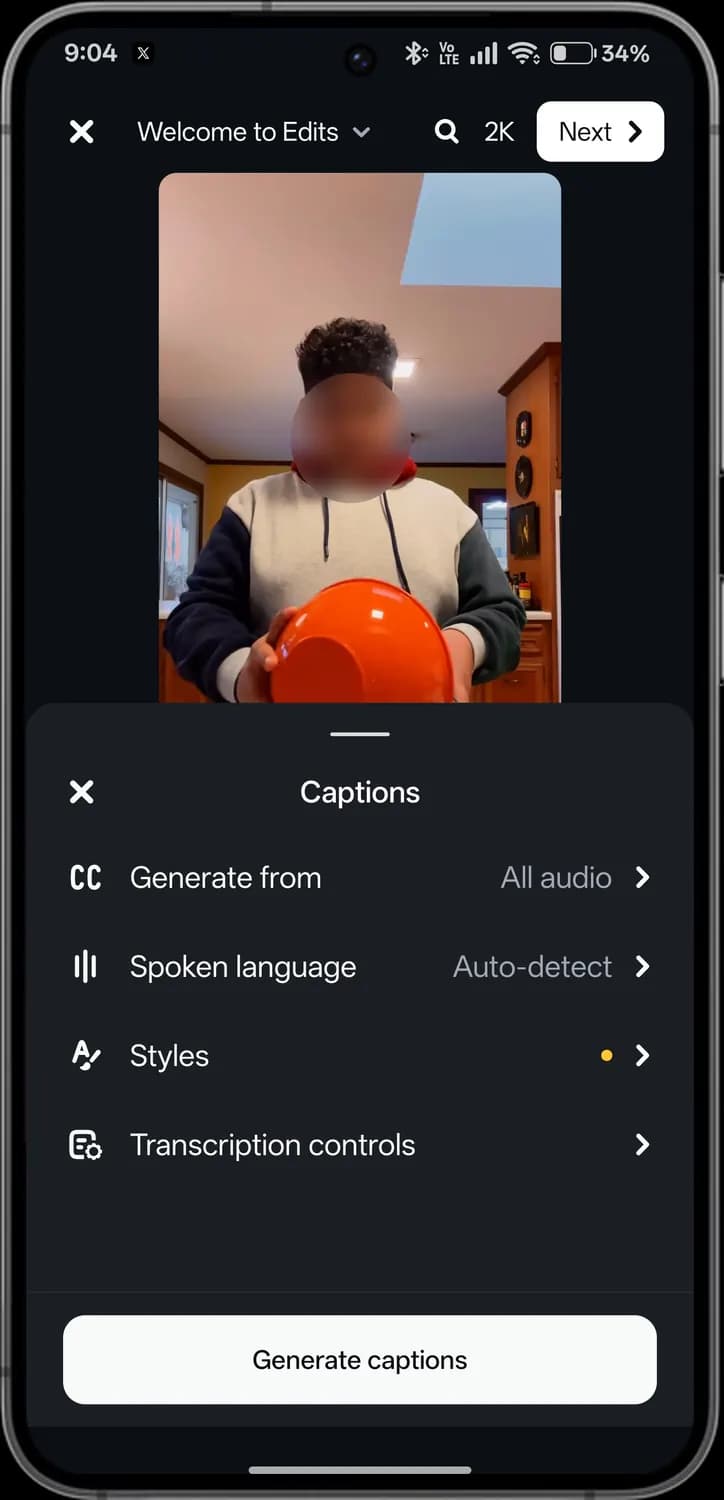 Instagram Edits captions screen with each icon numbered, screen 1 of 2
