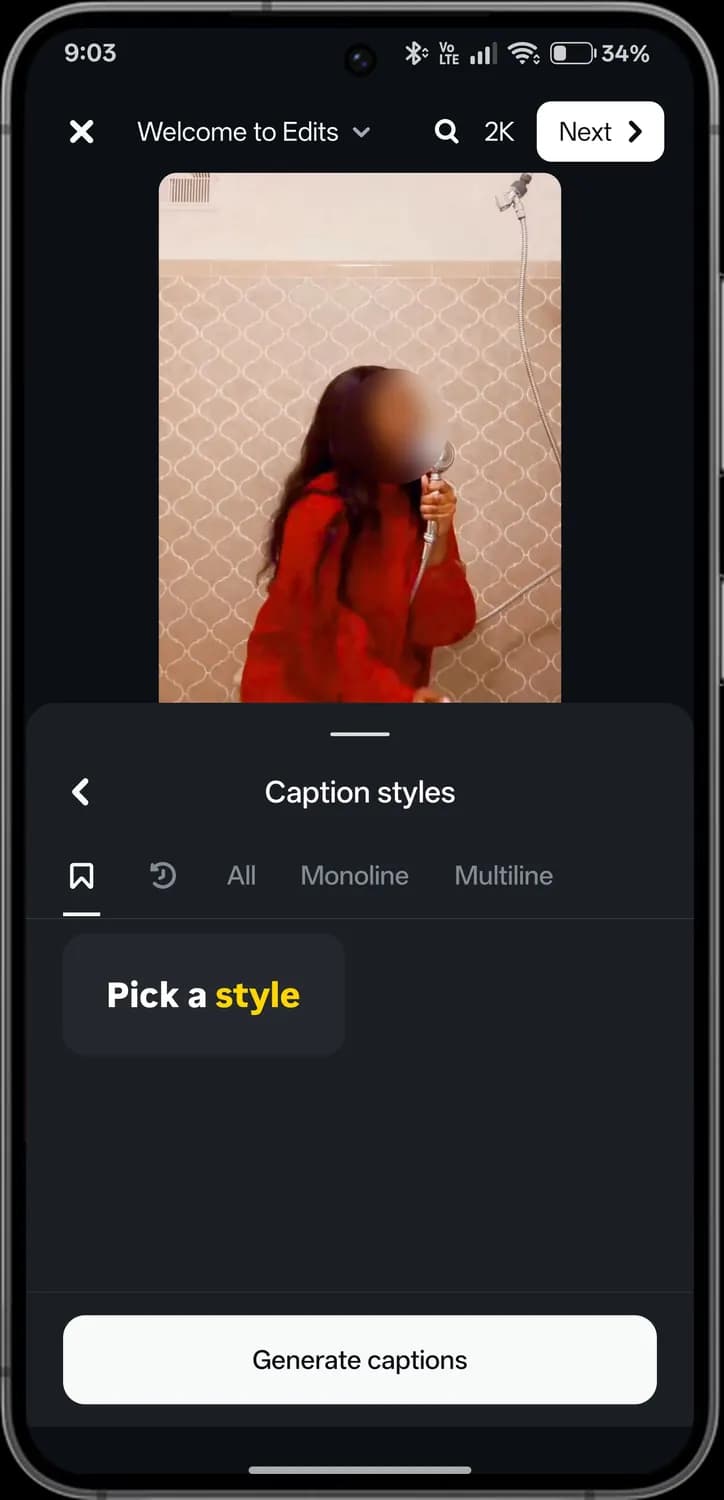 Instagram Edits captions screen with each icon numbered, screen 2 of 2
