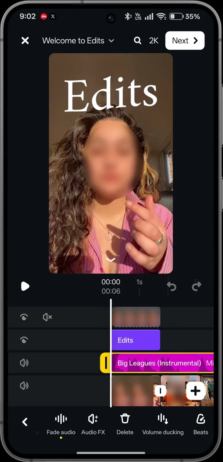 Instagram Edits video editor screen with each icon numbered, screen 4 of 8