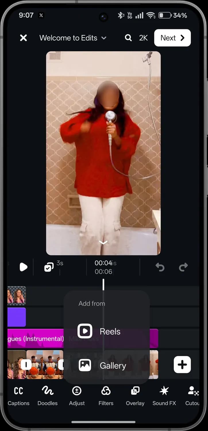 Instagram Edits editor tools screen with each icon numbered