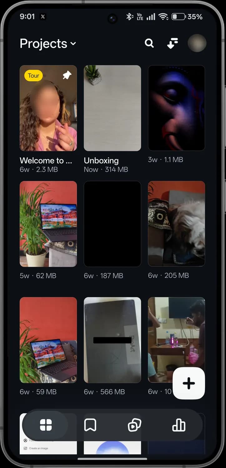 Instagram Edits home (projects) screen with each icon numbered, screen 1 of 3