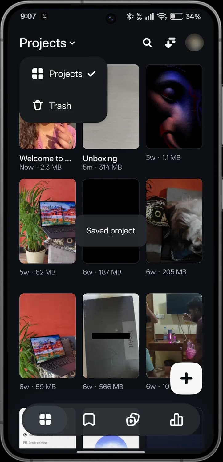 Instagram Edits home (projects) screen with each icon numbered, screen 3 of 3