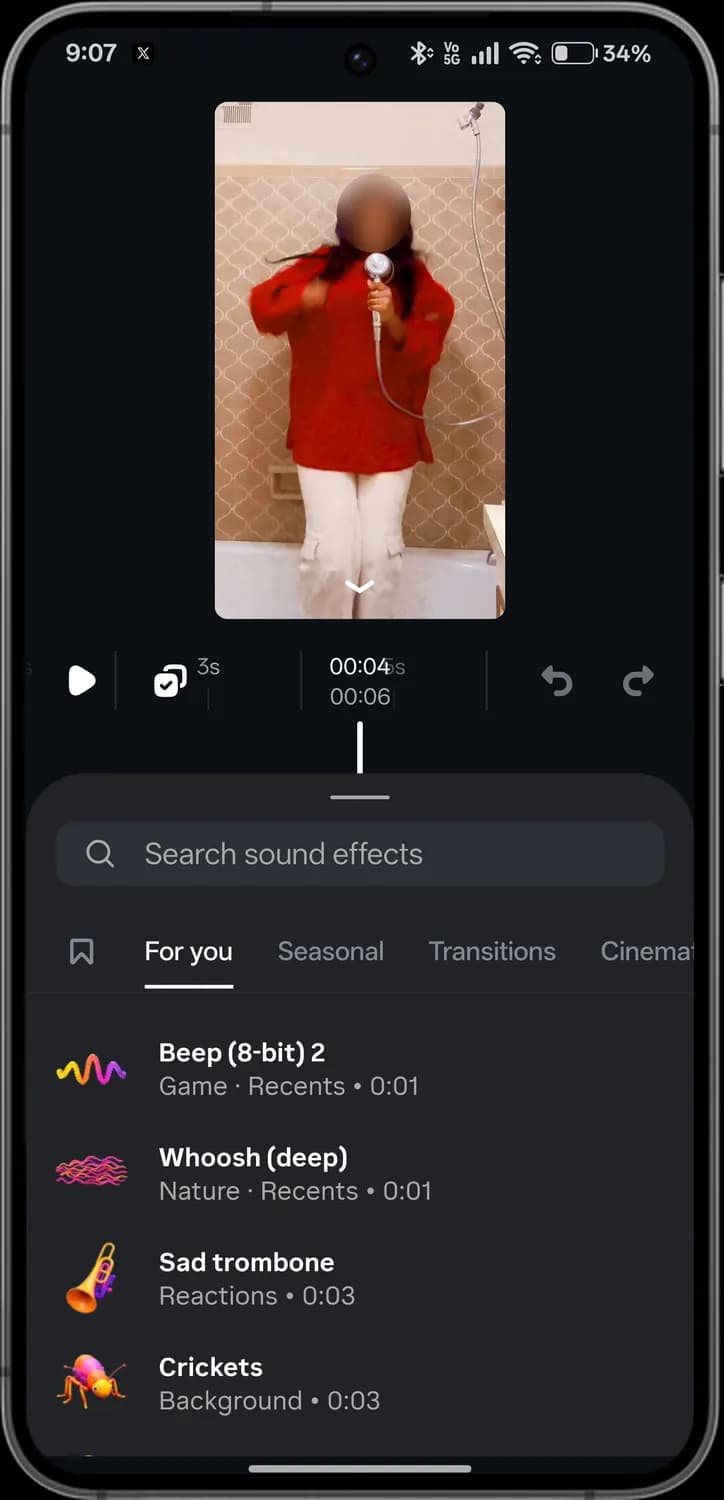 Instagram Edits sound effects screen with each icon numbered