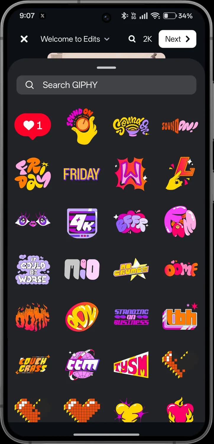 Instagram Edits stickers screen with each icon numbered