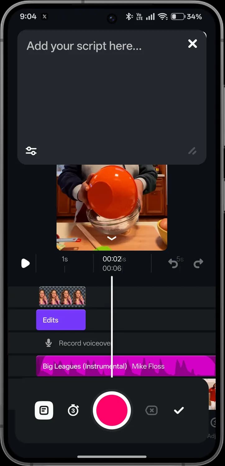 Instagram Edits voiceover screen with each icon numbered