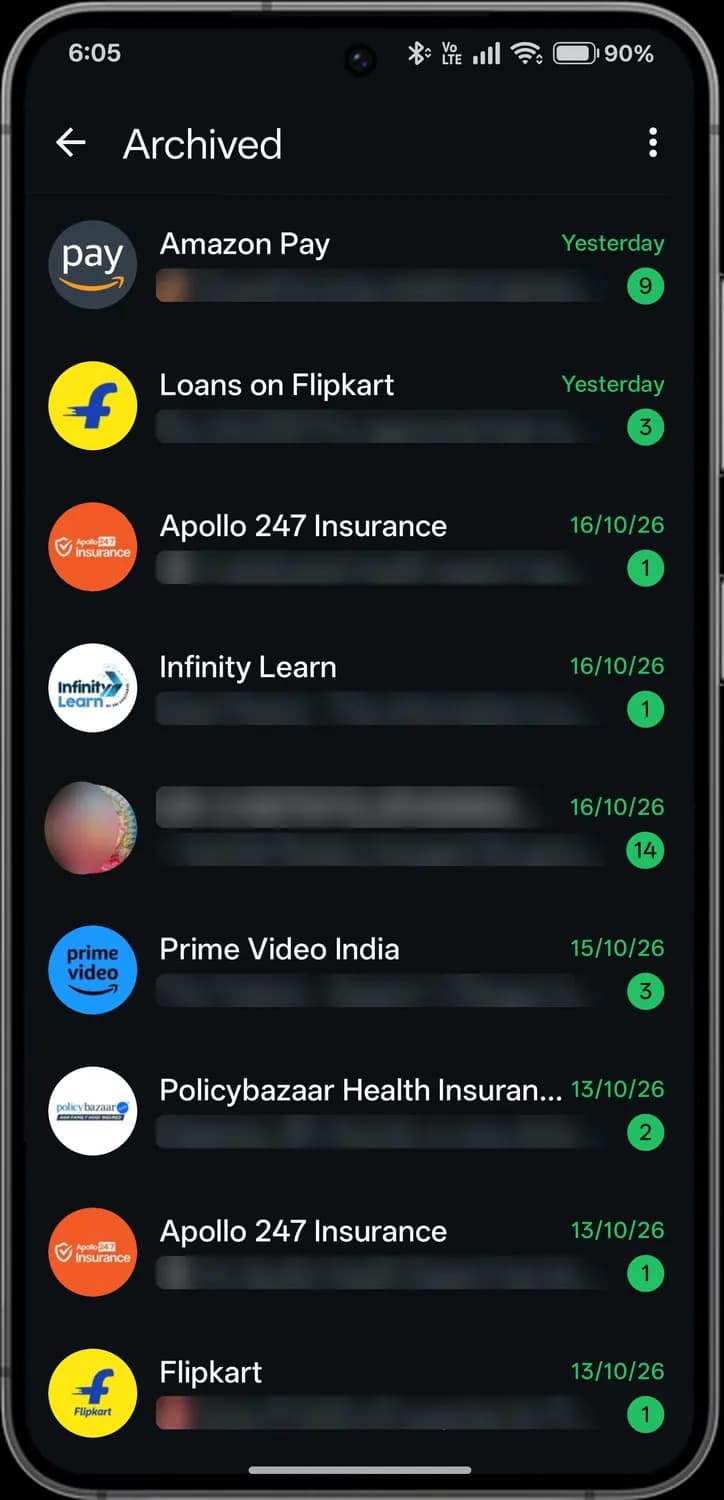 WhatsApp archived and starred screen with each icon numbered, screen 1 of 2