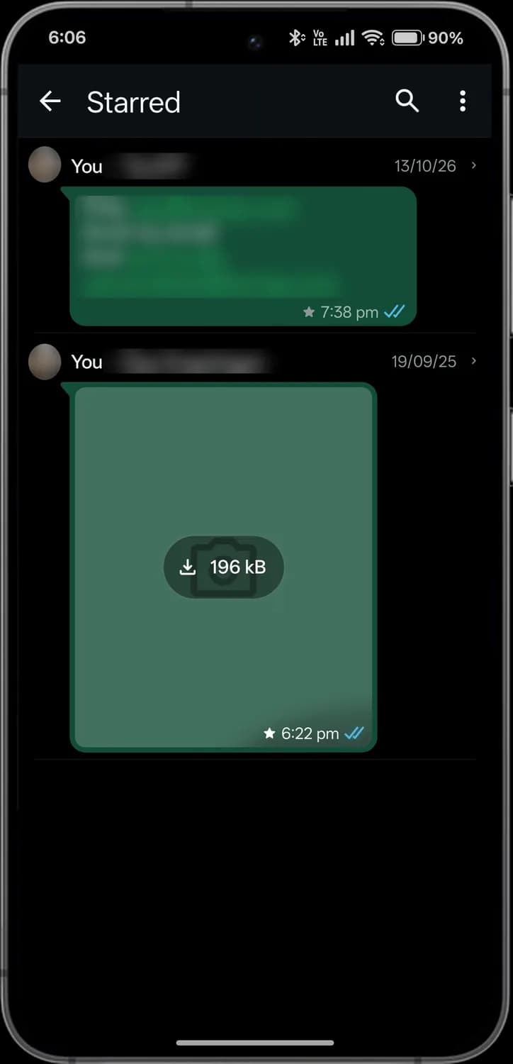 WhatsApp archived and starred screen with each icon numbered, screen 2 of 2