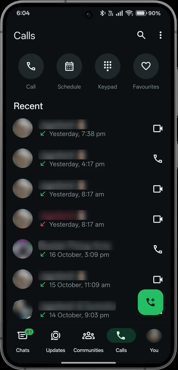 WhatsApp calls screen with each icon numbered, screen 1 of 5