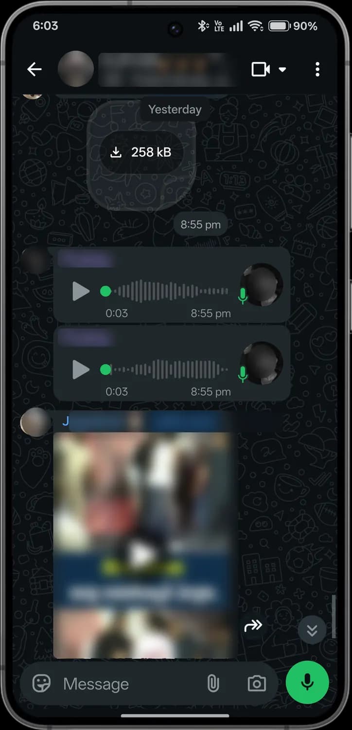 WhatsApp chat screen screen with each icon numbered, screen 3 of 3