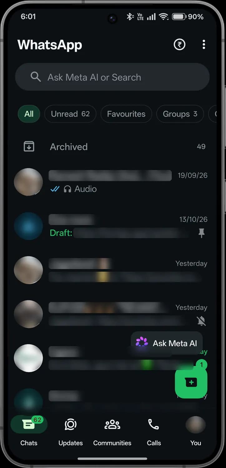 WhatsApp chats tab screen with each icon numbered, screen 3 of 4