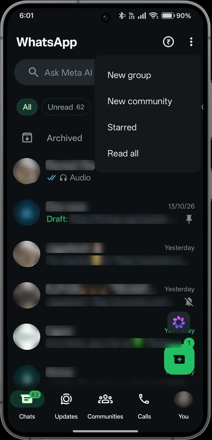 WhatsApp chats tab screen with each icon numbered, screen 4 of 4