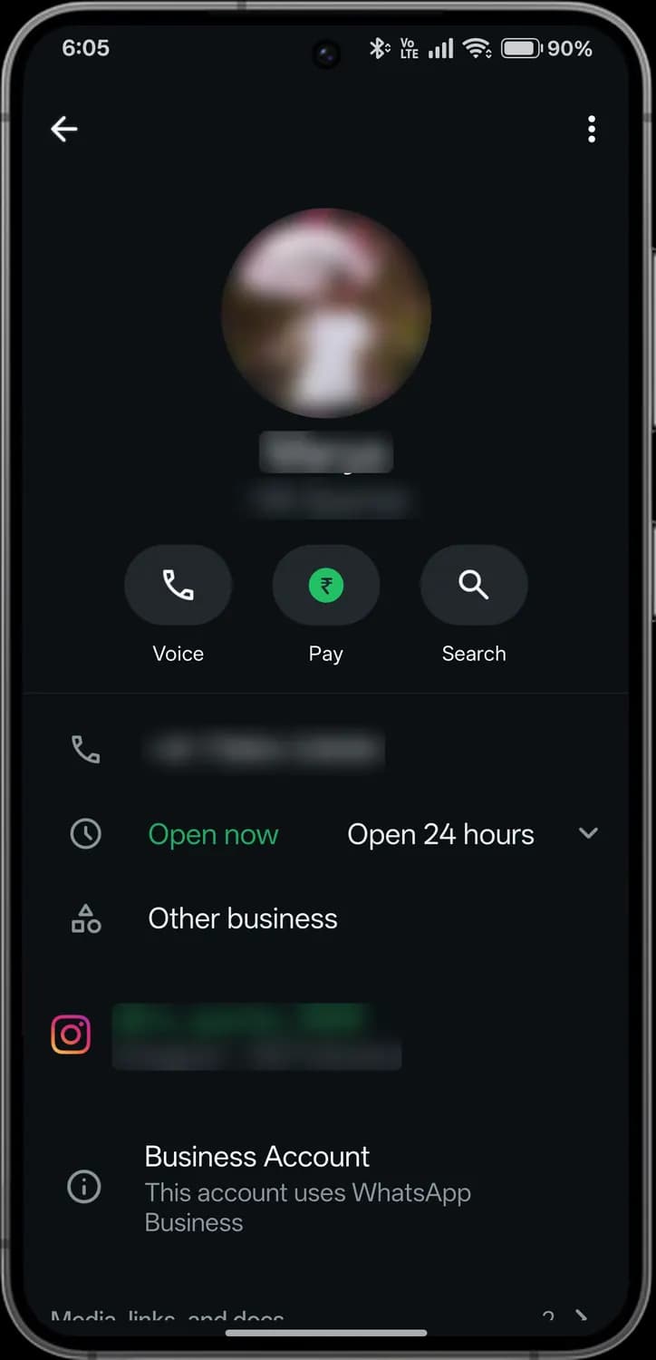 WhatsApp contact and business info screen with each icon numbered, screen 1 of 3