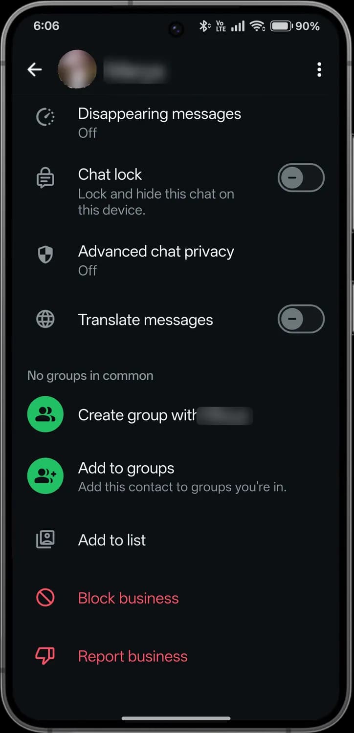 WhatsApp contact and business info screen with each icon numbered, screen 3 of 3