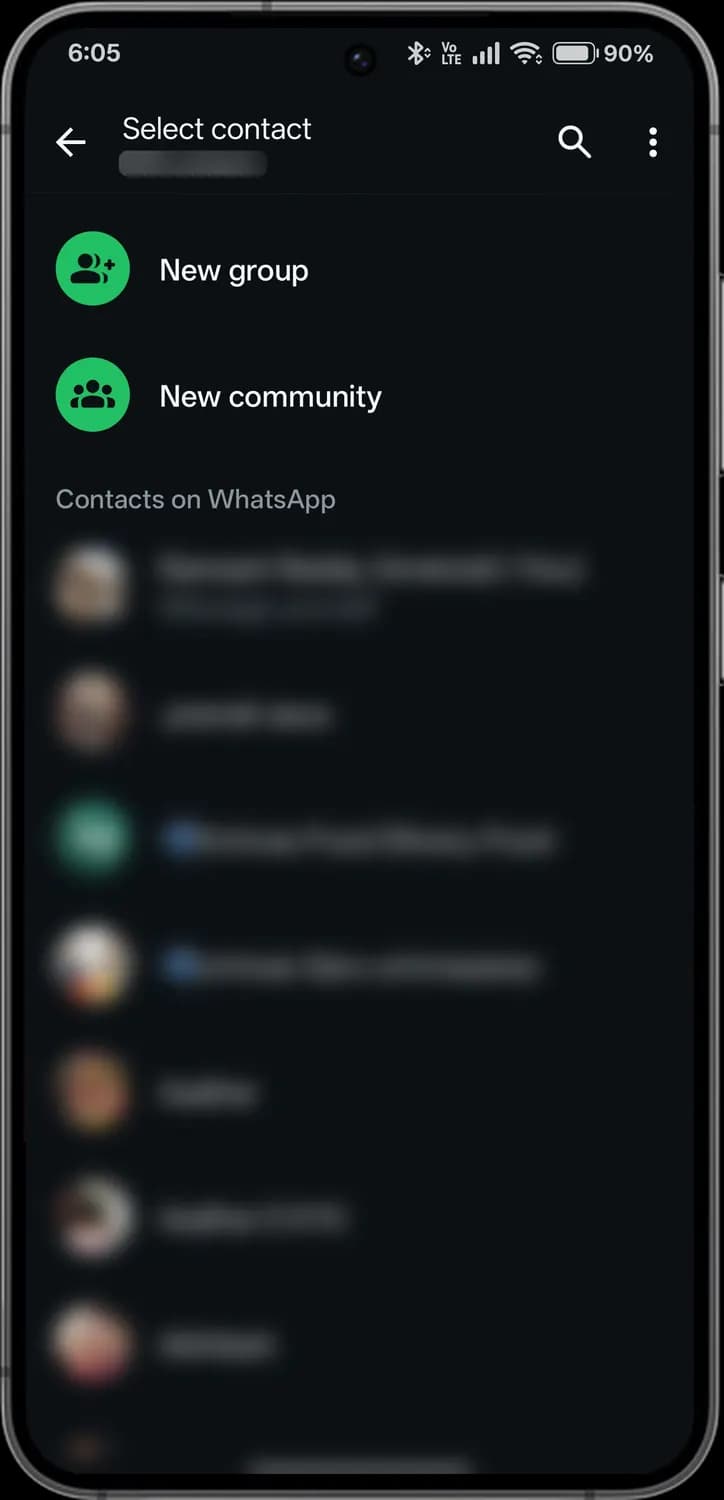 WhatsApp new chat, group and community screen with each icon numbered, screen 1 of 3