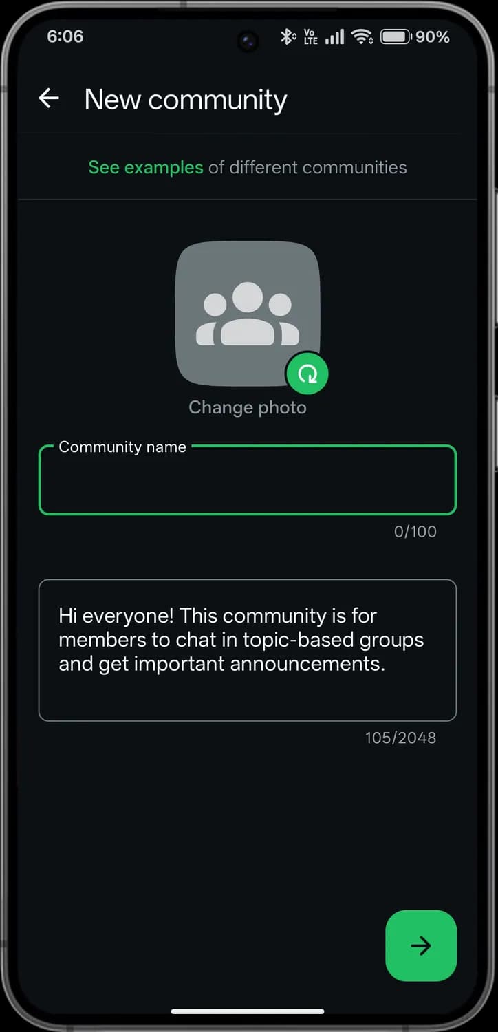 WhatsApp new chat, group and community screen with each icon numbered, screen 3 of 3