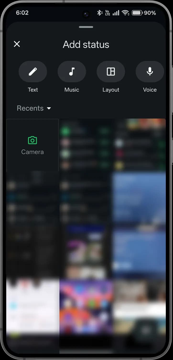 WhatsApp adding a status screen with each icon numbered, screen 1 of 4