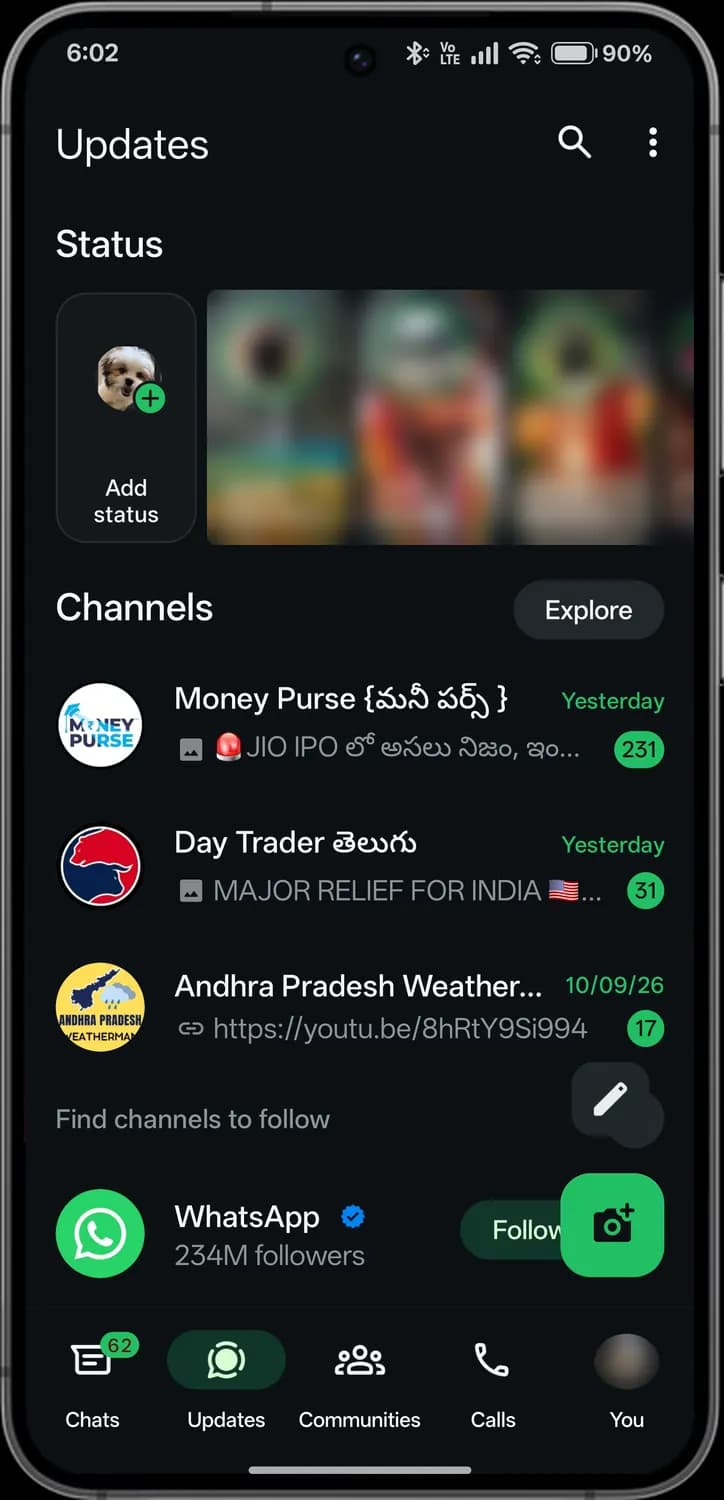 WhatsApp updates tab screen with each icon numbered, screen 1 of 3