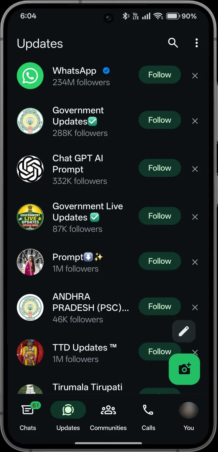 WhatsApp updates tab screen with each icon numbered, screen 2 of 3