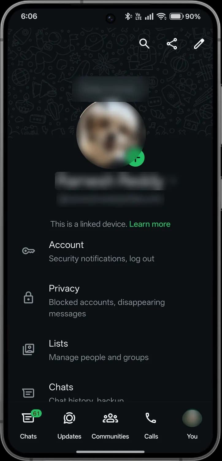 WhatsApp you and settings screen with each icon numbered, screen 1 of 8